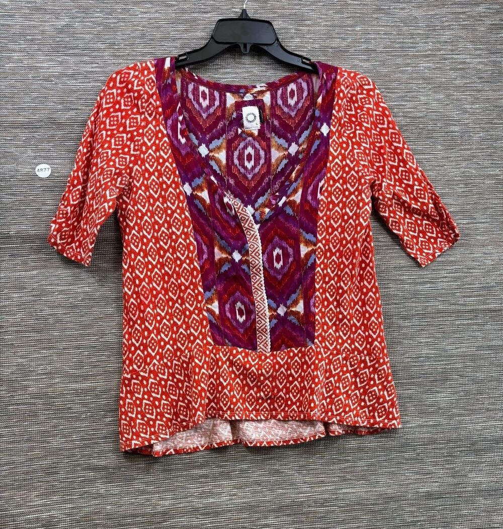 Akemi + Kin Top Womens L Multicolor Geometric Cotton Rayon V Neck Boho Tunic